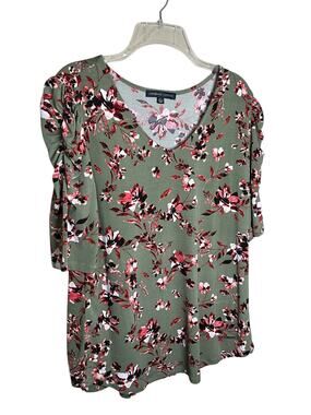 Adrienne Vittadini Blouse Top Womens Large Green Floral Stretch V Neck Pullover